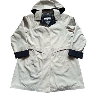 Liz Claiborne Classic Beige Tan Hooded All-Weather Coat Floral Print Lining L